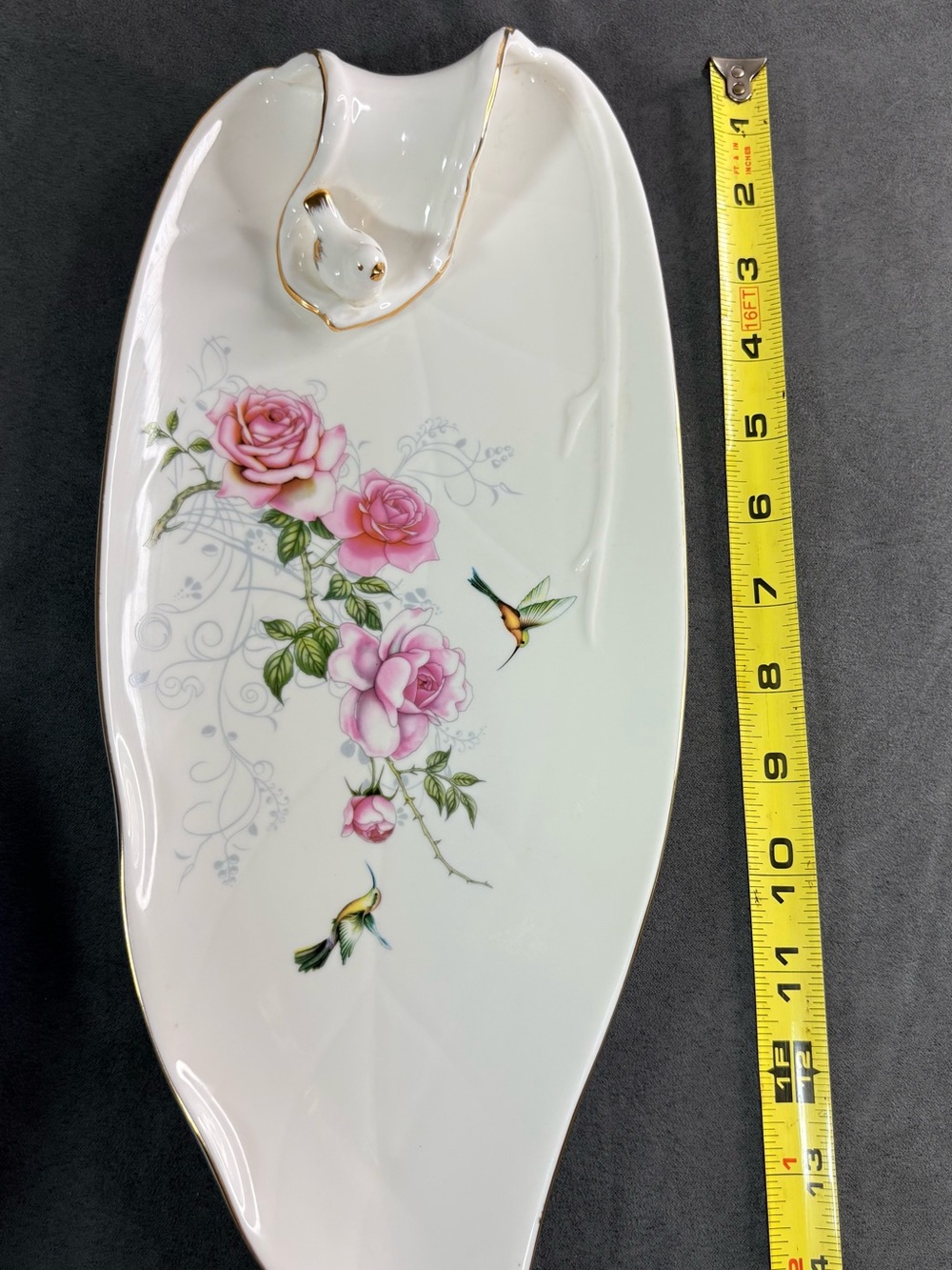 Porcelain Leaf Tray with Pink Rose & Hummingbird Design